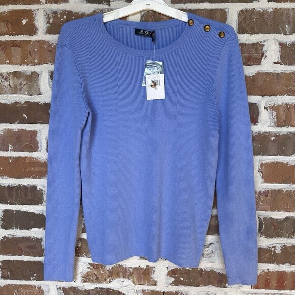 NWT Lauren Ralph Lauren Sweater Sz L Light Blue‎ Ribbed Knit Gold Tone Button - Picture 1 of 12